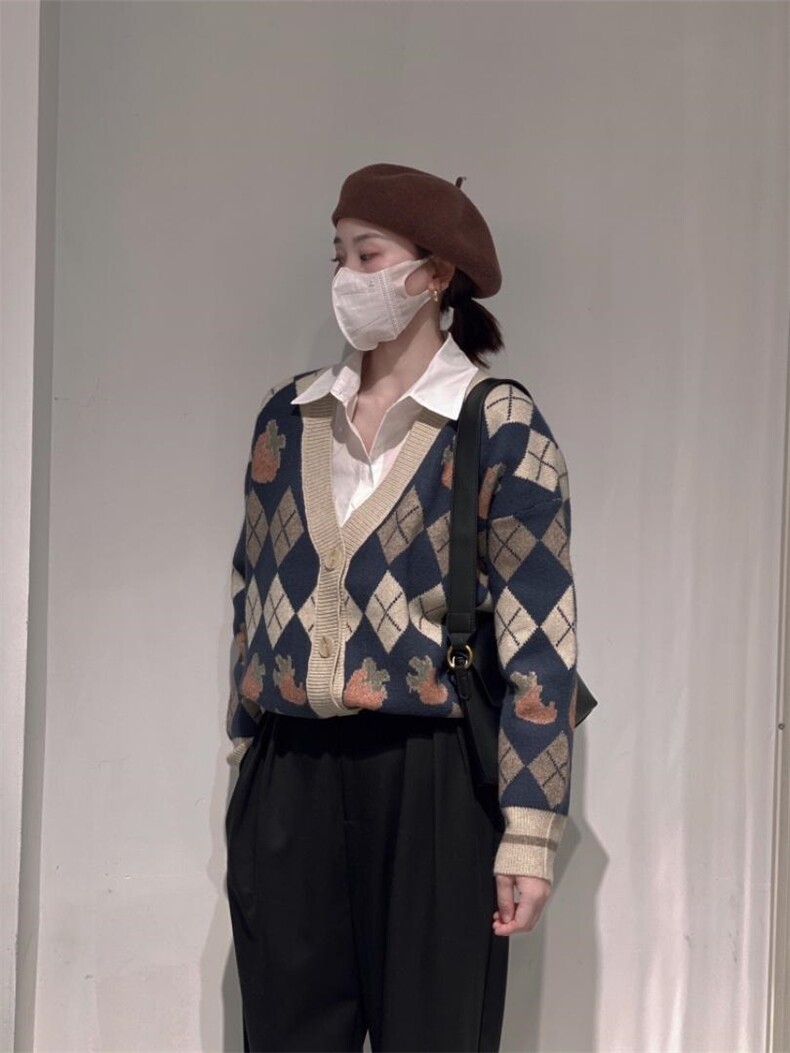 菱形格毛衣开衫，女装针织衫/毛衣，驿谷
