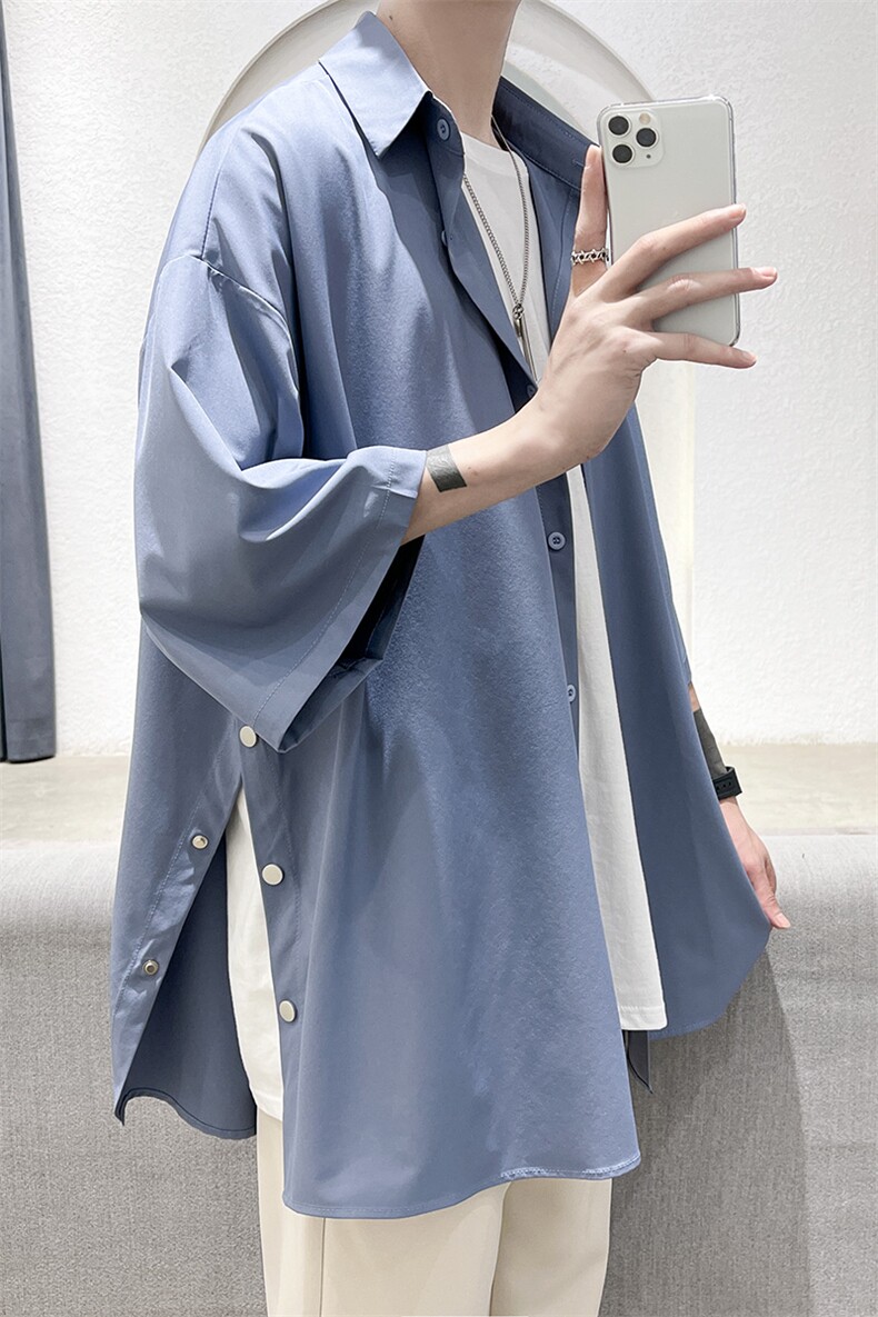 新款纯色侧边排扣开叉小众男女短袖衬衫A071-C17-P35,男装衬衫,电商A071