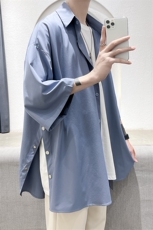 新款纯色侧边排扣开叉小众男女短袖衬衫A071-C17-P35，男装衬衫，电商A071