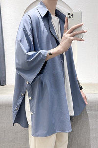 新款纯色侧边排扣开叉小众男女短袖衬衫 A071-C17-P35图片