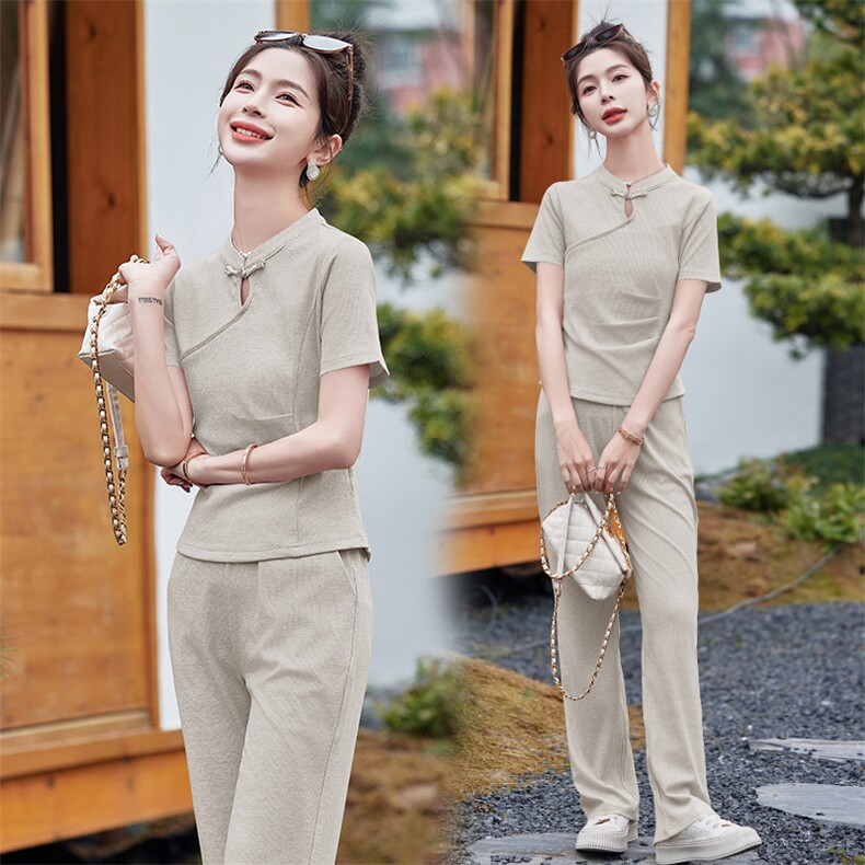 新中式国风套装女2024年夏季新款时尚休闲运动改良旗袍裤子两件套,女装套装/套裙,依路服饰