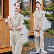新中式国风套装女2024年夏季新款时尚休闲运动改良旗袍裤子两件套，女装套装/套裙，依路服饰
