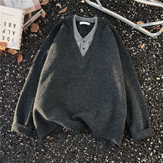 韩系假两件拼接V领羊毛针织衫男慵懒老钱风宽松高级套头毛衣男潮，男装针织衫/毛衣，星座813-2