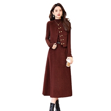 套装女春季大码杭派高领长袖打底衫双排扣马甲半身裙优雅三件套，女装套装/套裙，艾贝斯