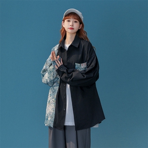 中性风花型拼接长袖衬衫女大码情侣潮长袖衬衫男CS7714P60控88图片