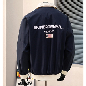 港风美式复古印花字母双袖三杠织带大码M-5XL夹克JK77766P75控98图片
