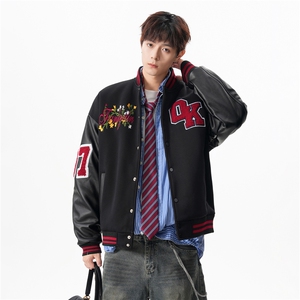 JK5872-P85 美式拼接刺绣PU皮撞色棒球服飞行员夹克外套 控149图片