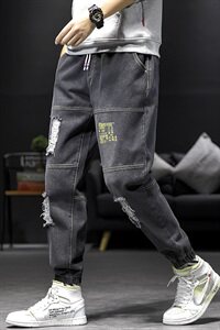 2021春季新日系大码男字母印花破洞拼接束脚九分牛仔裤N8102-P55图片