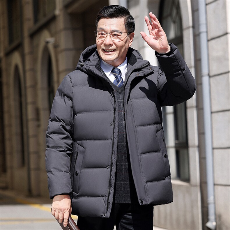 冬季中老年男士黑色中长款90羽绒服爸爸加厚御寒保暖上衣连帽外套,男装羽绒服,电商B212（原钱塘6029）