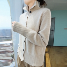 2024秋季新款高翻领单排扣休闲外套通勤百搭10%羊绒衫，女装羊绒衫，昭美羊绒