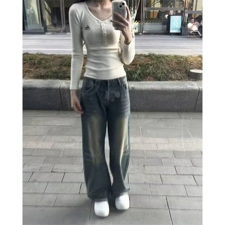 设计感小众V领纯棉长袖T恤女春秋内搭短款打底衫美式辣妹修身上衣,女装T恤,星座506A