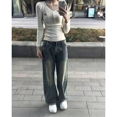 设计感小众V领纯棉长袖T恤女春秋内搭短款打底衫美式辣妹修身上衣，女装T恤，星座506A