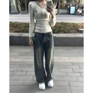 设计感小众V领纯棉长袖T恤女春秋内搭短款打底衫美式辣妹修身上衣图片