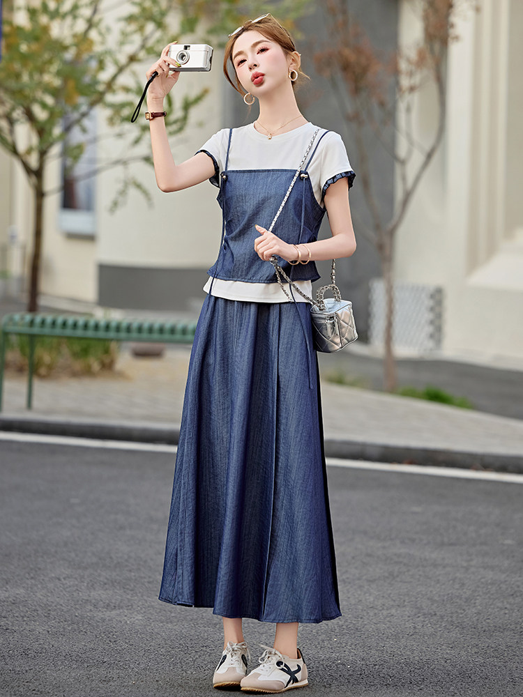 2025夏季新款套装短袖T恤吊带马甲背心半身裙三件套时尚女装,女装套装/套裙,曼娅璐