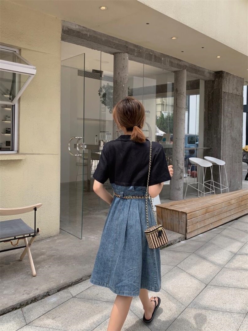 牛仔拼麻连衣裙，女装连衣裙，肆尔