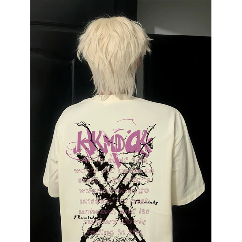 抖音得物供货210克现货宽松纯棉美式潮牌印花落肩袖纯棉T恤AT2114，男装T恤，电商A443