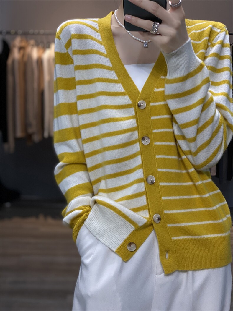 时尚百搭橙白条纹女士羊毛开衫显瘦V领长袖针织衫,女装羊毛衫,莺澜羊绒