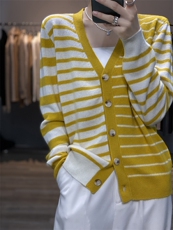 时尚百搭橙白条纹女士羊毛开衫显瘦V领长袖针织衫，女装羊毛衫，莺澜羊绒