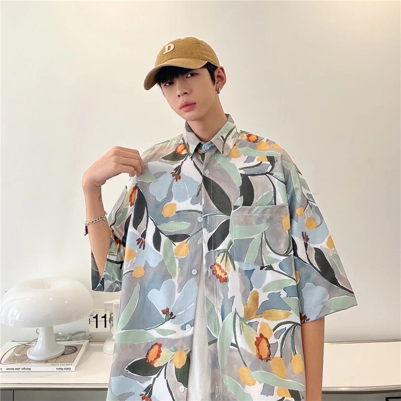 短袖衬衫春夏新款男港风潮流树叶衬衣C430P32,男装衬衫,星座1116-2