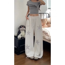 美式复古星星烫钻卫裤女阔腿宽松慵懒显瘦加绒高腰百搭直筒休闲裤，男装休闲裤，星座506A