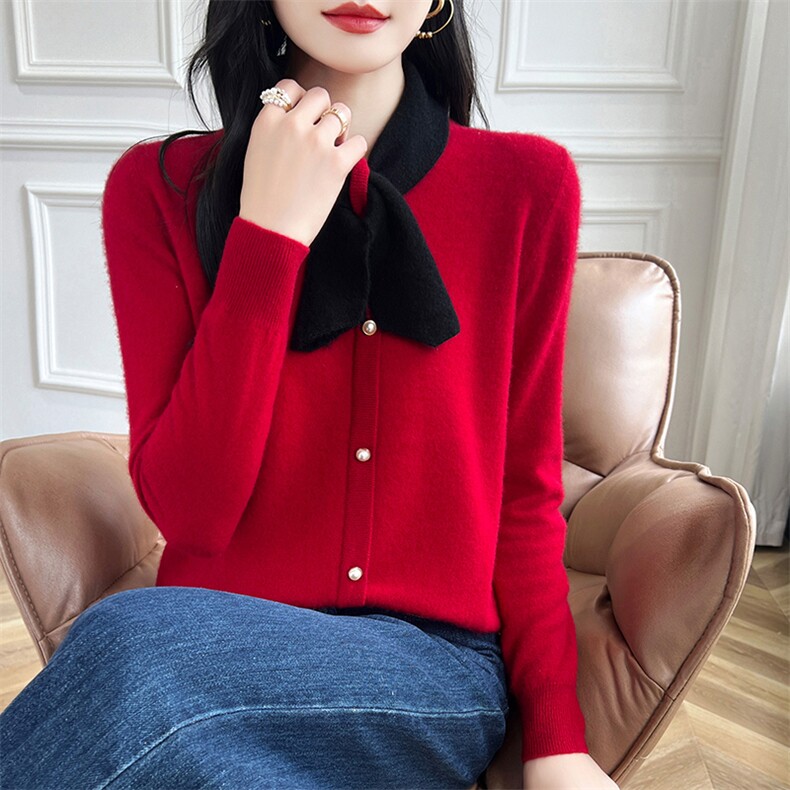 2024秋冬新款羊毛衫女蝴蝶结系带针织假开衫毛衣外套上衣，女装羊毛衫，哲奥羊绒