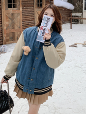 雪景牛仔加棉棒球服外套（玩偶可拆卸）显瘦百搭时尚，女装棉衣/棉服，天使之佳话
