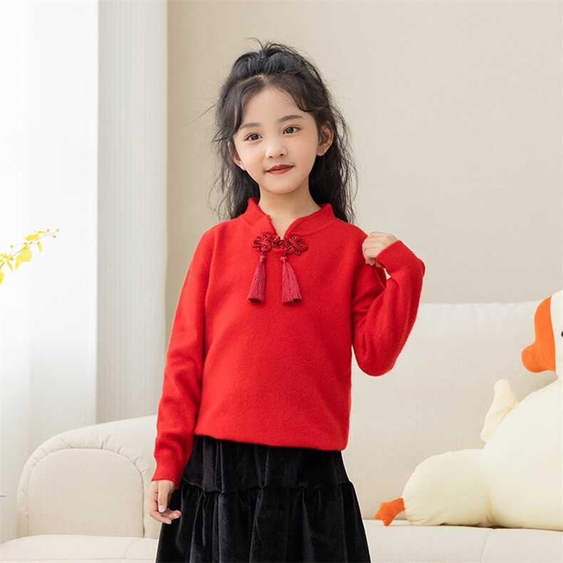 女童秋款可爱盘扣流苏羊毛衫气质甜美长袖针织上衣，童装儿童羊毛衫，冰晶童装