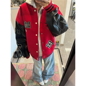 美式毛呢重磅撞色pu皮拼接夹克外套男秋冬情侣棒球服W6899-P65图片