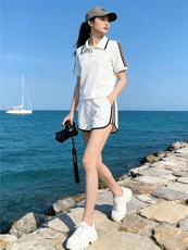 高品质运动休闲套装女夏新款纯色撞色拼接翻领短袖上衣短裤两件套，女装套装/套裙，江南
