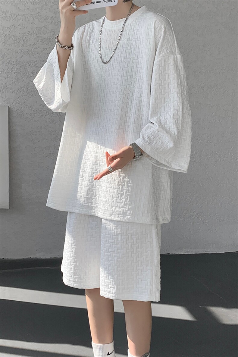 8XL-M高级感纹理短袖套装男夏季慵懒风T恤短裤两件套TZ108P78,男装牛仔裤,电商D206-1
