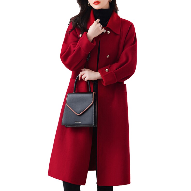 奈绪双面羊毛毛呢外套女红色大衣2023年秋冬季新款小个子中长款,女装毛呢外套,雅静靓衣