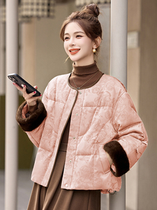 高端设计感立领拼接羽绒服女2025年冬季新款小个子白鸭绒短款图片