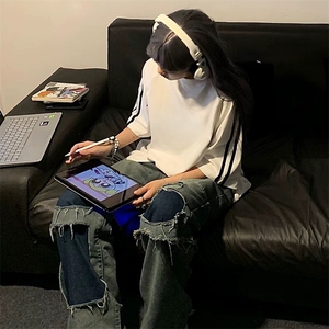 抖音得物高品质二开240克宽松纯棉美式潮牌三条杠织带短袖T恤图片
