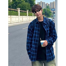 潮牌春秋季日系磨毛男生衬衫格子蓝色复古休闲衬衣男士宽松长袖潮，男装衬衫，星座506A
