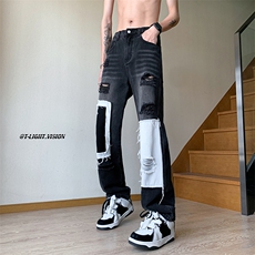 B221美式ins高街小众个性拼接宽松破洞牛仔裤LK23099-P65控88，男装牛仔裤，电商B221