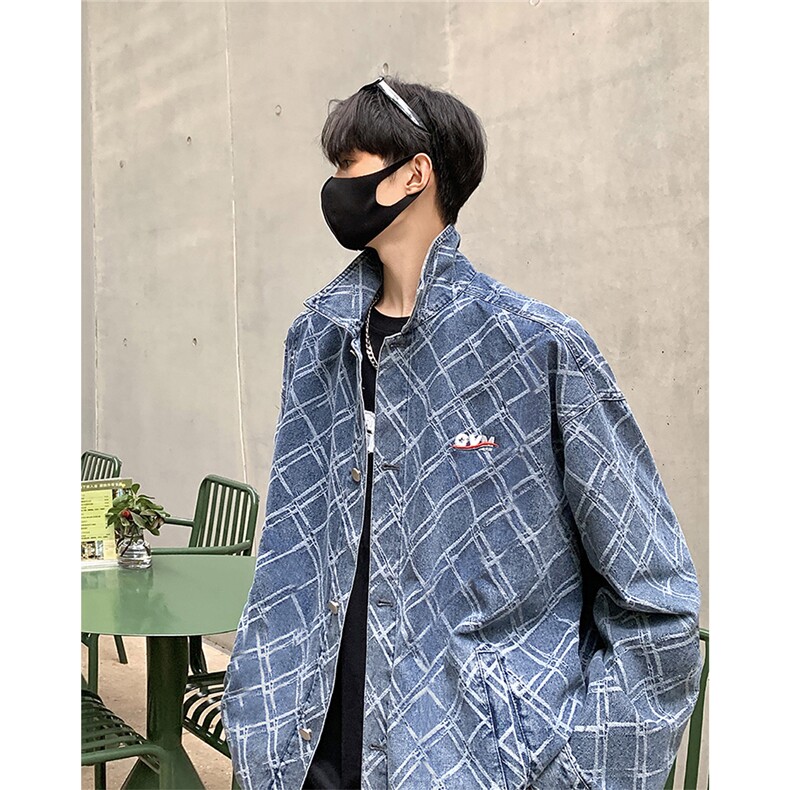 2025港风格子牛仔定制面料夹克男大码M-5XL复古男NZ77090P95控138，男装工装外套，星座227-7
