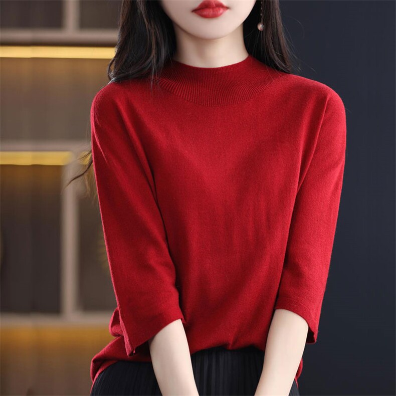 2025春季新款时尚中袖半高圆领针织T恤女宽松显瘦五分袖打底小衫，女装针织衫/毛衣，暖烁特种纱工厂店