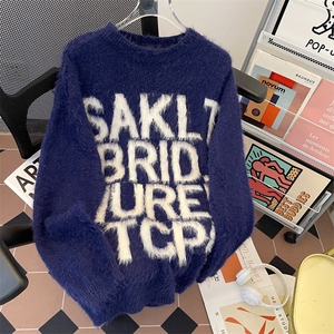 美式复古马海毛毛衣男2025秋冬季情侣款仿貂毛针织线衣女图片