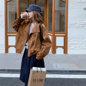 美拉德棕色麂皮绒外套女2025新款秋季韩系巨好看的短款夹克上衣图片