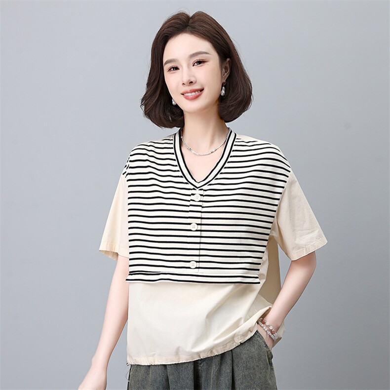时尚条纹拼接短袖衬衫女宽松显瘦V领上衣夏季新款百搭休闲女装,女装衬衫,叶笙衣