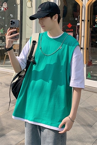 2023夏上新青少年纯棉休闲半袖潮港风印花短袖T恤男女 T7233-P45图片