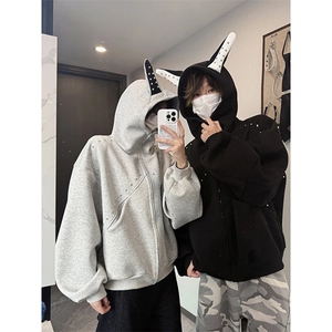 抖音得物高品质 26春装美式高街铆钉杜宾犬耳朵开衫卫衣外套W125图片