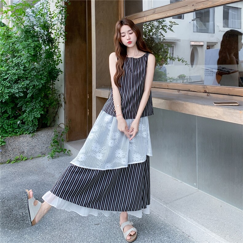 设计感条纹无袖背心套装裙女2025年夏季新款蕾丝拼接半身裙两件套,女装套装/套裙,2C012