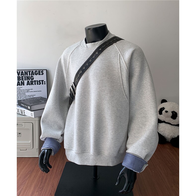 秋季新品套头罗纹装饰拼接卫衣纯色百搭情侣复古宽松D443特P58,男装卫衣,电商A335-1（原A458）