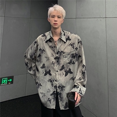 设计感蝴蝶印花衬衫长袖男春秋垂感抗皱衬衣宽松外套上衣CS88-P58，男装衬衫，电商C307