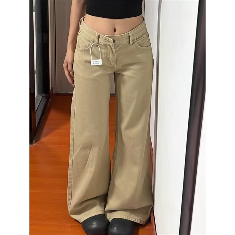 加绒加厚美式复古卡其色牛仔裤女秋季宽松拖地不贴腿微喇裤子,男装牛仔裤,星座506A