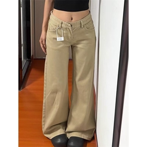 加绒加厚美式复古卡其色牛仔裤女秋季宽松拖地不贴腿微喇裤子图片