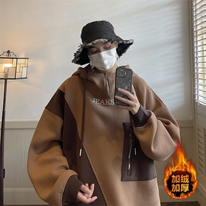 秋季大码加绒加厚卫衣连帽宽松百搭字母印花外套JK22308Jp85控98图片
