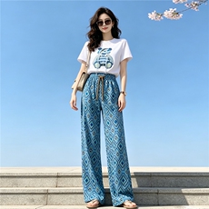 韩版减龄休闲时尚简约套装女夏季新圆领镶钻小熊短袖阔腿裤两件套，女装套装/套裙，江南