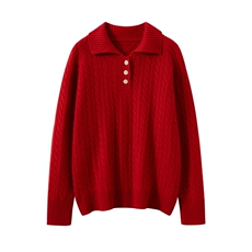 2025年秋季宽松型套头长袖单件常规时尚百搭羊绒衫，女装羊绒衫，雪山红莲